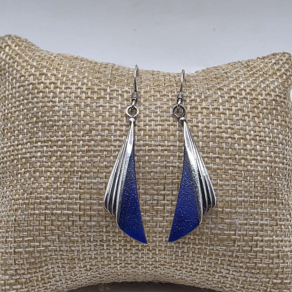 Vintage Art Deco Sterling Silver Fan Lapis Lazuli Dangle Earrings